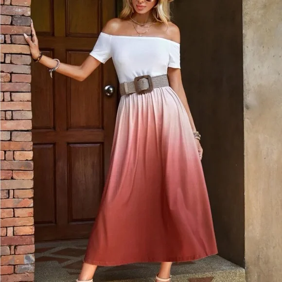 Boho Tie Dye Ombre Off Shoulder Dress - Picture 4 of 6